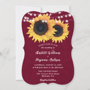 Convite Burgundy Burlap String Luzes Sunflower Casamento