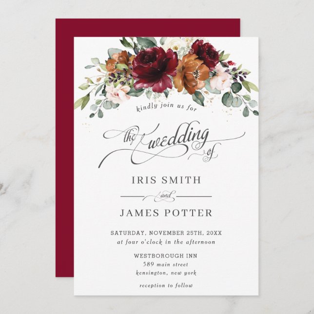 Convite Burgundy Burnt Orange Blush Ivory Floral Casamento (Frente/Verso)