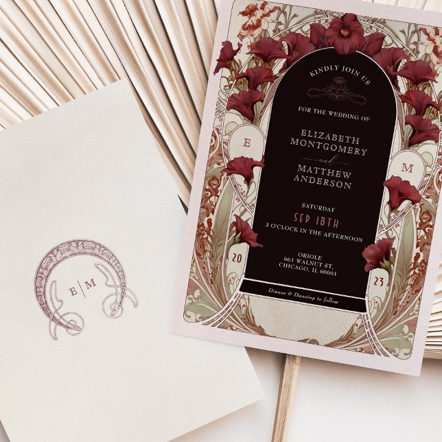 Convite Burgundy Calla Lily WedArt Nouveau Mucha (Criador carregado)