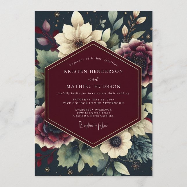 Convite Burgundy Celestial Floral Wedding (Frente)