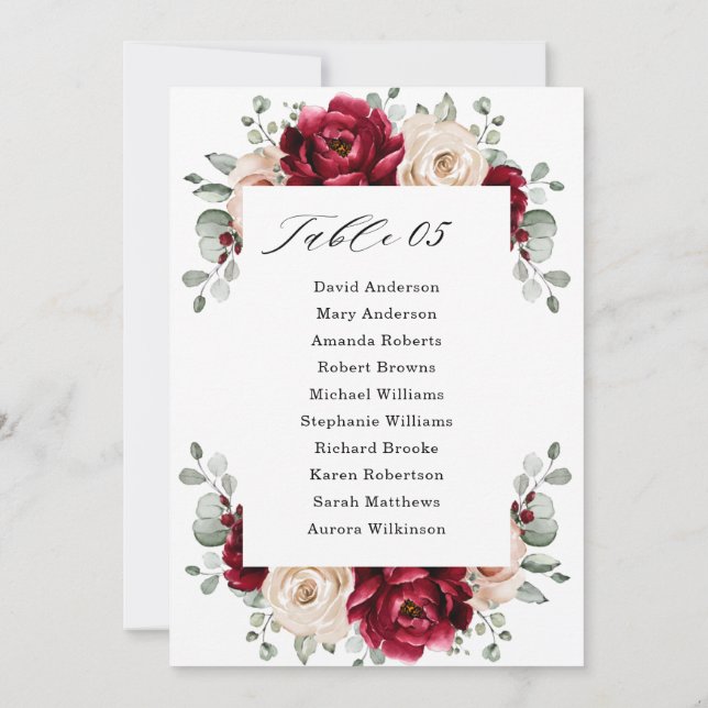 Convite Burgundy Champagne Ivory Mauve Rosa Seating Chart (Verso)