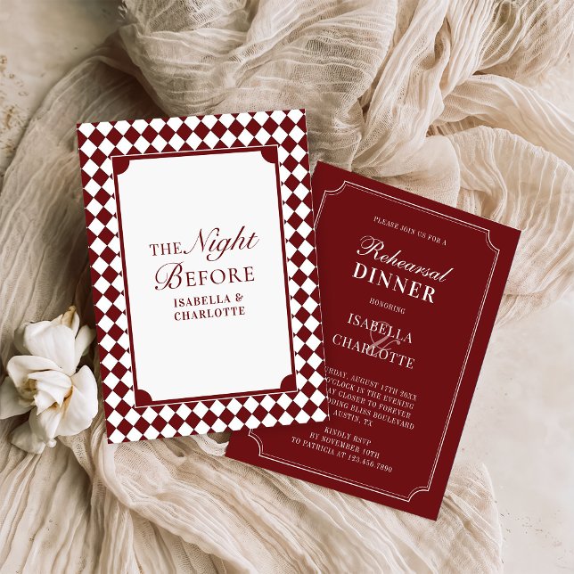 Convite Burgundy Checkered Old Money Rehearsal Dinner (Criador carregado)