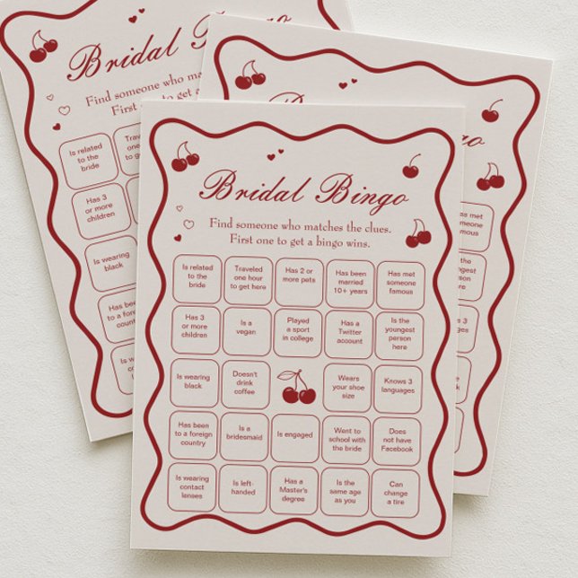 Convite Burgundy Cherry Bridal Shower Bingo Game Card (Criador carregado)
