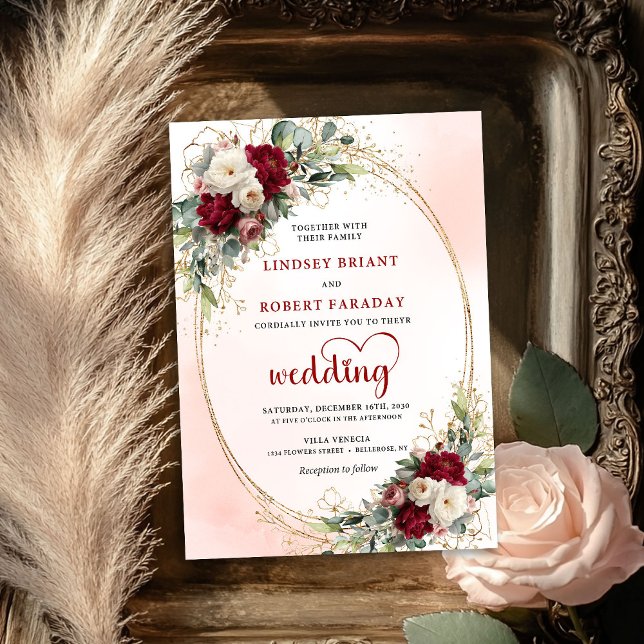 Convite Burgundy Chic Bohemian Floral Wedding Invitation (Burgundy Chic Bohemian Floral Wedding Invitation)