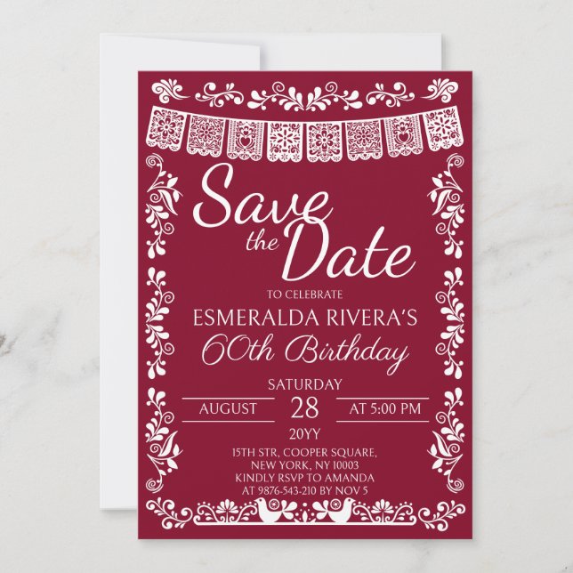 Convite Burgundy Cielito Lindo Save the Date 60º Aniversár (Frente)