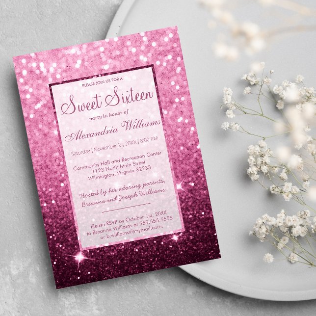 Convite Burgundy, cor-de-rosa, brilho doce 16 (Girly pink burgundy faux glitter bokeh Sweet 16 Invitation)