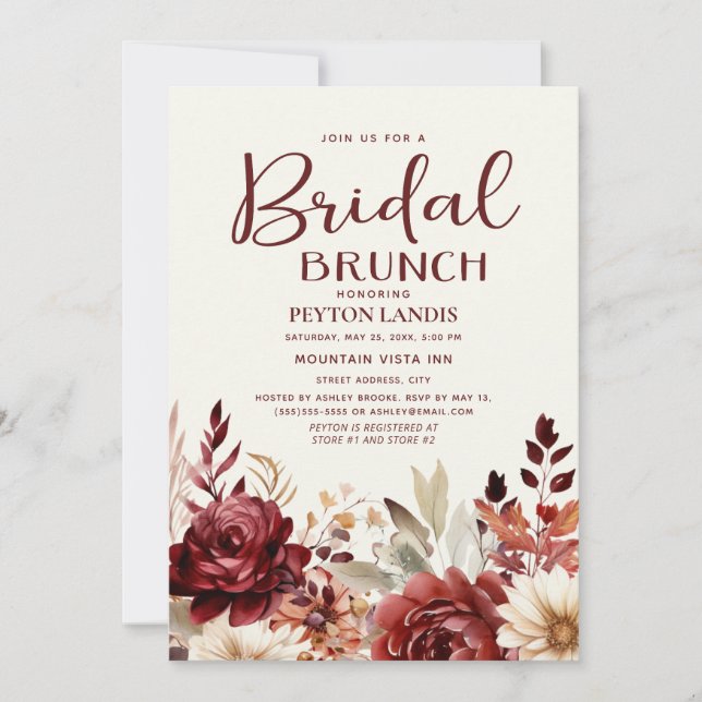Convite Burgundy Cream Floral Bridal Brunch (Frente)