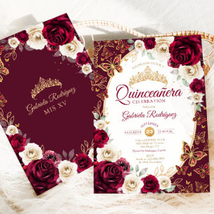 Convite Burgundy Cream Gold Floral Chic Quinceanera