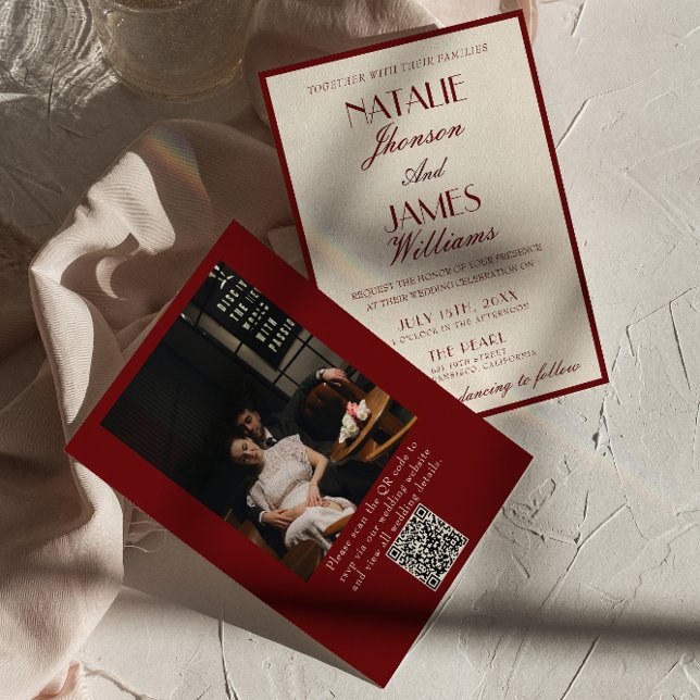 Convite Burgundy Cream Old Money QR Code Photo Wedding (Criador carregado)
