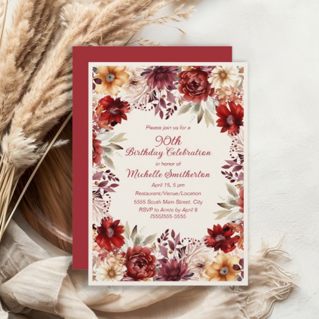 Convite Burgundy Cream Watercolor 90 Floral Aniversário (Burgundy and cream floral 90th birthday invitation)