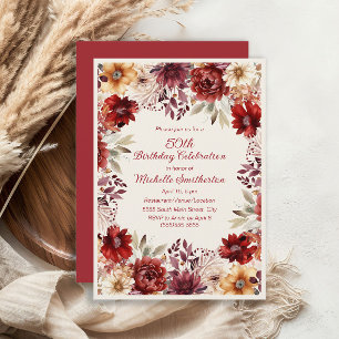 Convite Burgundy Cream Watercolor Floral 50º Aniversário