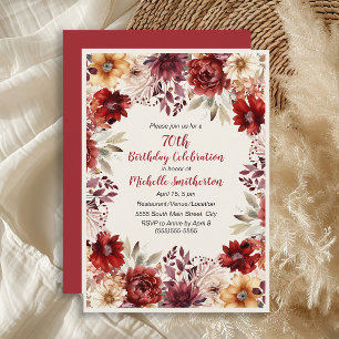 Convite Burgundy Creme Floral de Aguarela para 70º Anivers