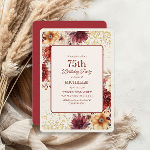 Convite Burgundy Creme Floral Dourado Brilho 75º Aniversár