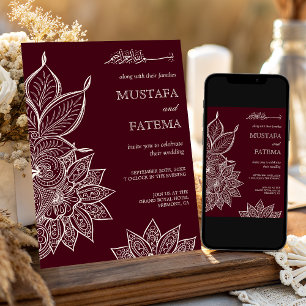 Convite Burgundy Creme Henna Mehndi Casamento Muçulmano