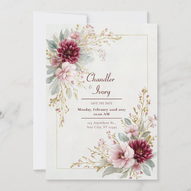 Convite Burgundy Dahlia Pink Rose Gold Frame Wedding (Frente)