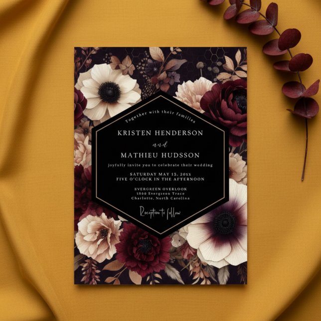 Convite Burgundy Dark Floral Nocturne Wedding (Criador carregado)