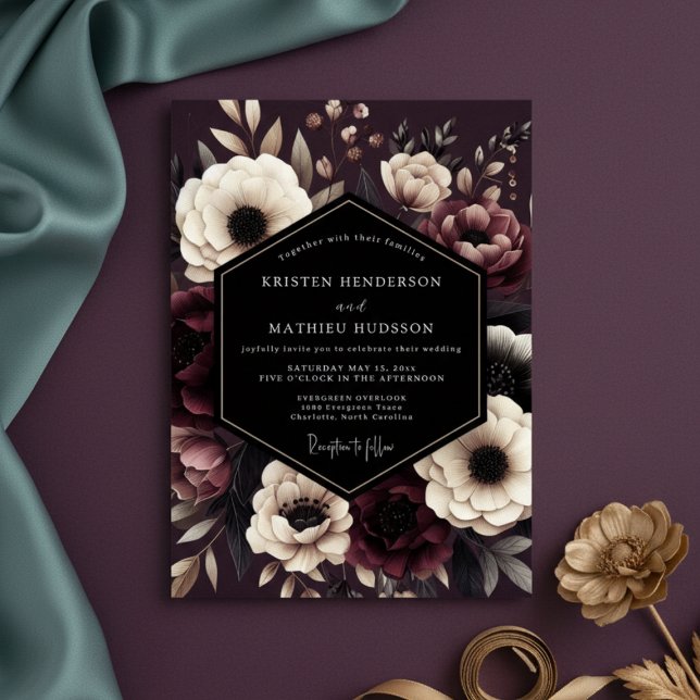 Convite Burgundy Dark Floral Romance Wedding (Criador carregado)