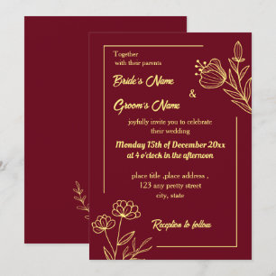 Convite Burgundy de ouro elegante romântico