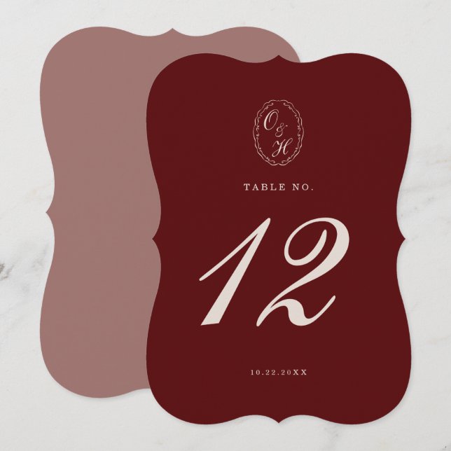 Convite Burgundy Die-Cut Wedding Table Number (Frente/Verso)