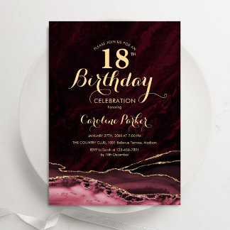 Convite Burgundy Dourada Agate Marble 18º Aniversário