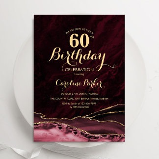 Convite Burgundy Dourada Agate Marble 60º aniversário