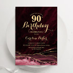 Convite Burgundy Dourada Agate Marble 90 Birday<br><div class="desc">Borgonha e convite de aniversário de ouro agata. Elegante design moderno, com vinho de marsala, cor vermelha escura, fundo geode de mármore agate, dourado falso brilho e letra tipografia. Trendy convida o cartão perfeito para uma comemoração de dia das mulheres na moda. Impressos convites Zazzle ou modelo de impressão digital...</div>