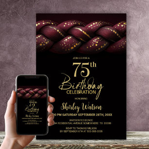 Convite Burgundy Dourada Braid 75ª Festa de aniversário