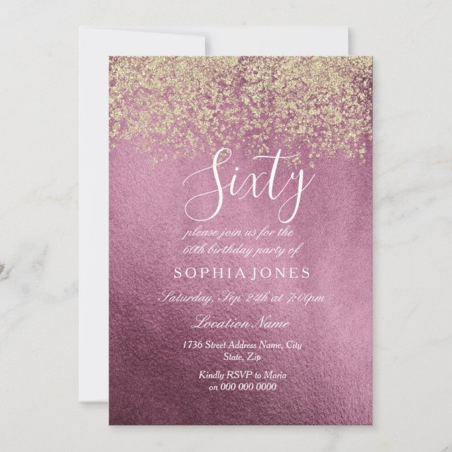 Convite Burgundy Dourada Confetti Glitter 60ª festa de ani (Frente)