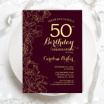 Convite Burgundy Dourada Floral 50ª Festa de aniversário<br><div class="desc">Burgundy Dourada Floral 50º Convite de aniversário. Design de marrom moderno minimalista, com desenhos botânicos em destaque, folha de ouro falsa e letra de script de tipografia. Simples trendy convida cartão perfeito para uma festa de na moda. Pode ser personalizado para qualquer idade. Impressos convites Zazzle ou modelo de impressão...</div>