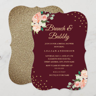 Convite Burgundy Dourada Floral Confetti Brunch e Bubble