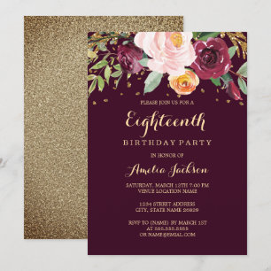 Convite Burgundy Dourada Floral Glitter 18ª Festa de anive