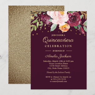 Convite Burgundy Dourada Floral Glitter Quinceanera
