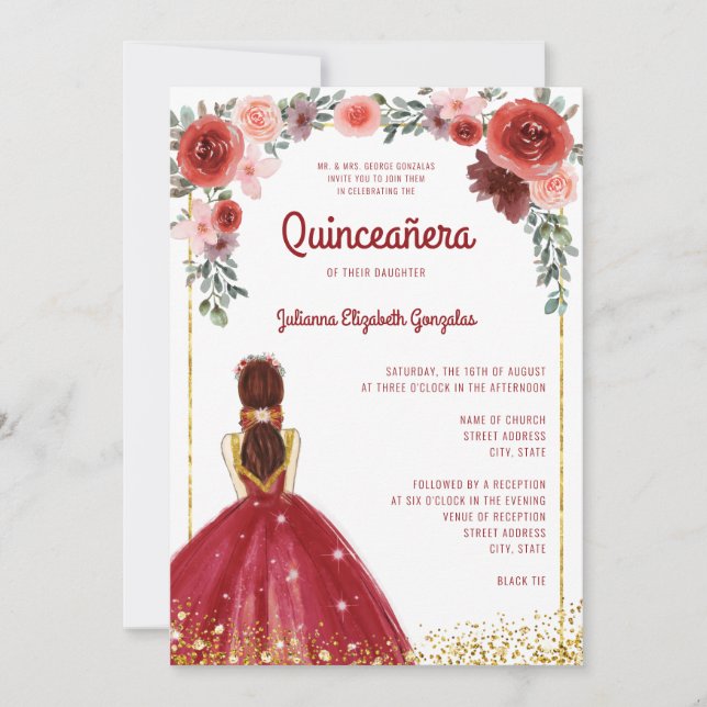 Convite Burgundy Dourada Glitter Floral Princesa Quinceane (Frente)