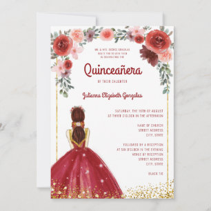 Convite Burgundy Dourada Glitter Floral Princesa Quinceane