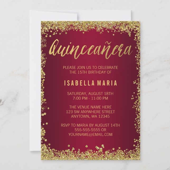 Convite Burgundy Dourada Glitter Quinceanera 15 de Anivers (Frente)