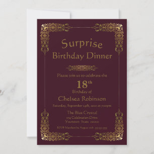 Convite Burgundy Dourada Lace Surpresa 18º Janto de aniver