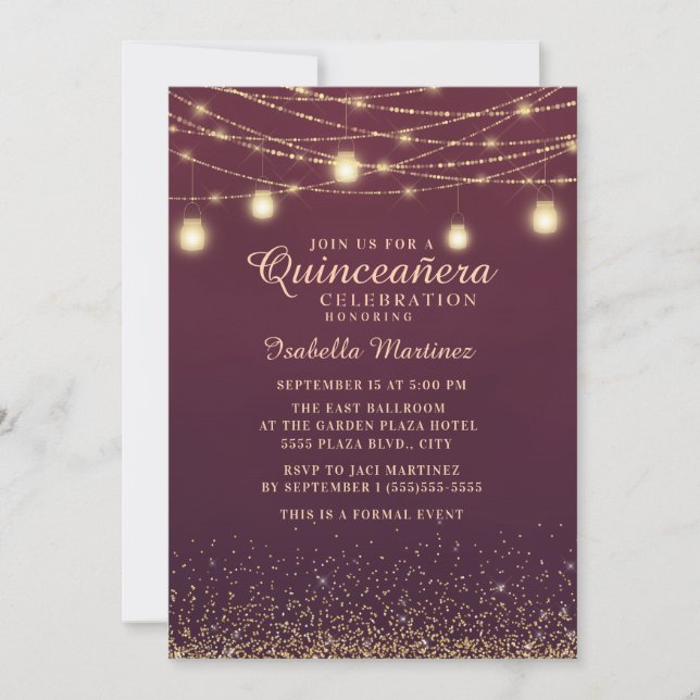 Convite Burgundy Dourada Lights Quinceañera (Frente)
