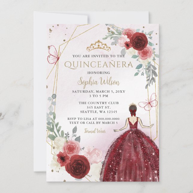 Convite Burgundy Dourada Princesa Floral Quinceañera (Frente)