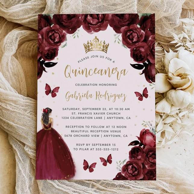 Convite Burgundy Dourada Princesa Floral Quinceañera (Criador carregado)