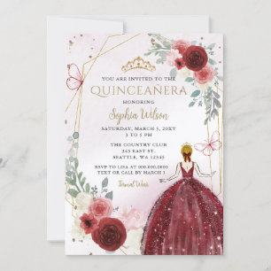 Convite Burgundy Dourada Princesa Floral Quinceañera Quinc