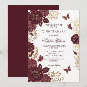 Convite Burgundy Dourado Floral Borboleta Quinceañera