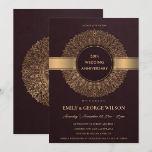 CONVITE BURGUNDY DOURADO MANDALA QUALQUER ANO 50º ANIVERS