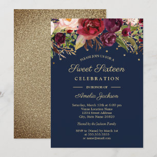 Convite Burgundy Dourado Naval Floral Aquarela Sweet Sixte