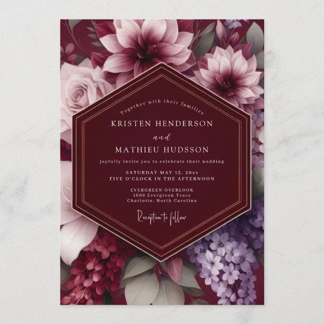 Convite Burgundy Dramatic Botanical Wedding (Frente)
