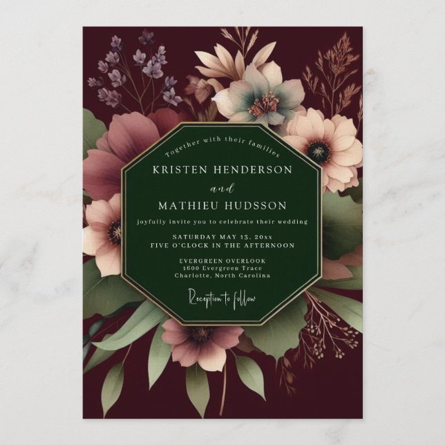 Convite Burgundy Dramatic Floral Wedding (Frente)