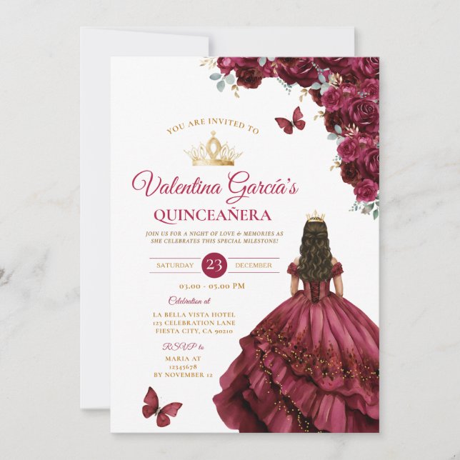 Convite Burgundy Dress Quinceañera 15 Anos Flores Dourados (Frente)