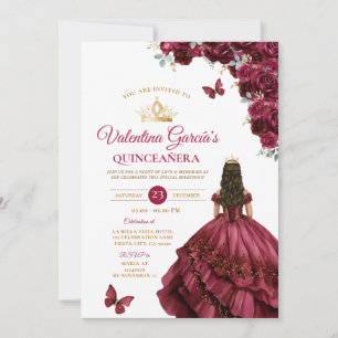 Convite Burgundy Dress Quinceañera 15 Anos Flores Dourados