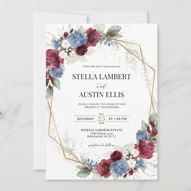 Convite Burgundy Dusty Blue Geometric Digital Invitation (Frente)