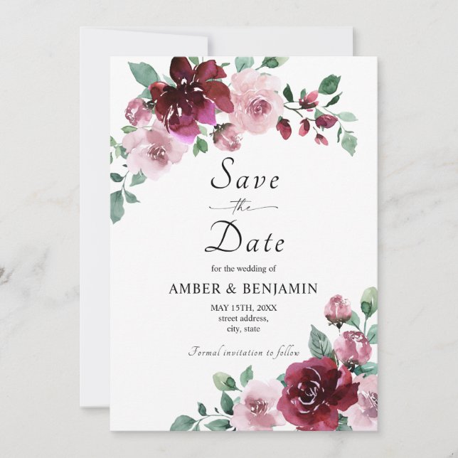 Convite Burgundy & Dusty Rose Floral Casamento Save The Da (Frente)