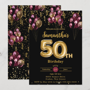 Convite Burgundy e Balões Dourados Confetti 50º Aniversári